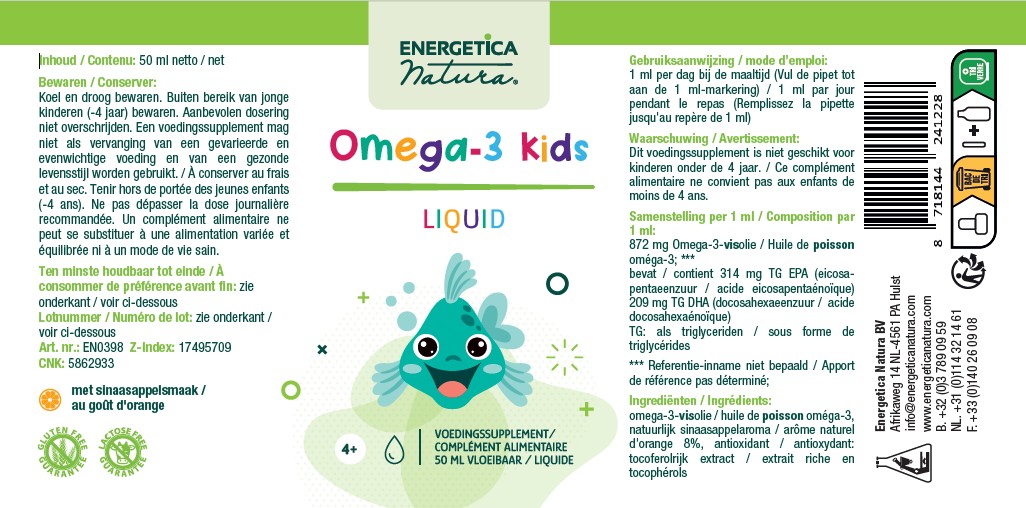 Energetica Natura Omega-3 Kids – vloeibare omega-3 visolie voor kinderen, 50 ml flesje met pipet, sinaasappelaroma, 314 mg EPA en 209 mg DHA per ml