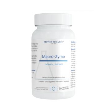 Macro-Zyme van Biotics Research (voorheen 6-Plus): pancreatine met amylase, protease en lipase op een basis van actiVbase®. 90 tabletten.