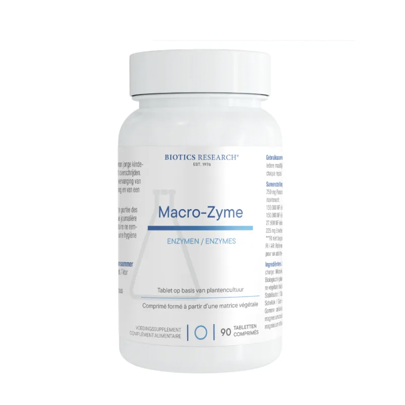 Macro-Zyme van Biotics Research (voorheen 6-Plus): pancreatine met amylase, protease en lipase op een basis van actiVbase®. 90 tabletten.