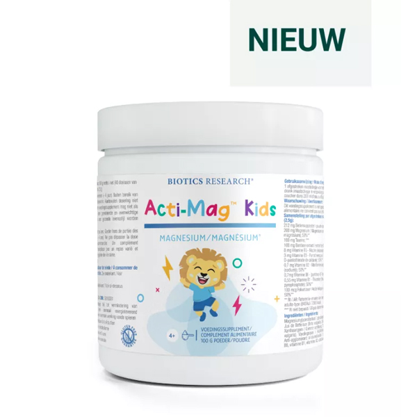 Biotics Research Acti-Mag Kids – magnesiumpoeder voor kinderen met actieve B-vitamines en taurine, 100 g pot met maatschepje, van Biotics Research