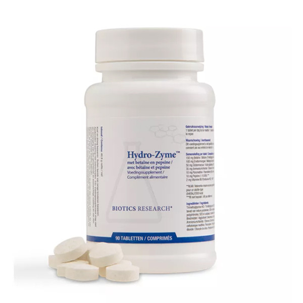 Biotics Hydro-Zyme 90 tabletten – betaïne HCl, glutaminezuur, pepsine, pancreatine van varken en vitamine B6 via actiVbase van Biotics Research