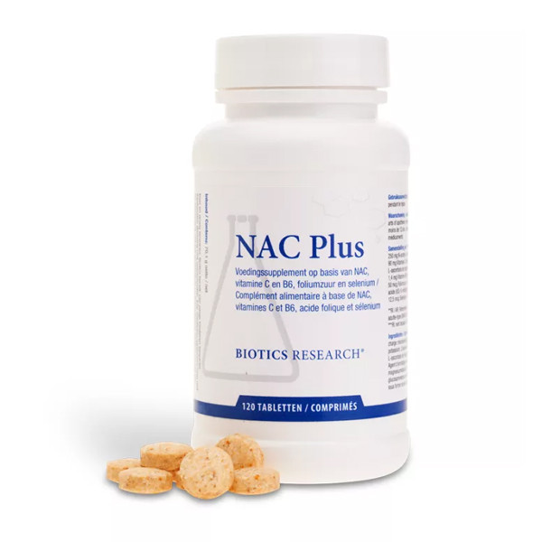 Biotics NAC Plus 120 tabletten – N-acetyl-L-cysteïne met vitamine C, actieve B6, methylfolaat en selenium via actiVmins van Biotics Research