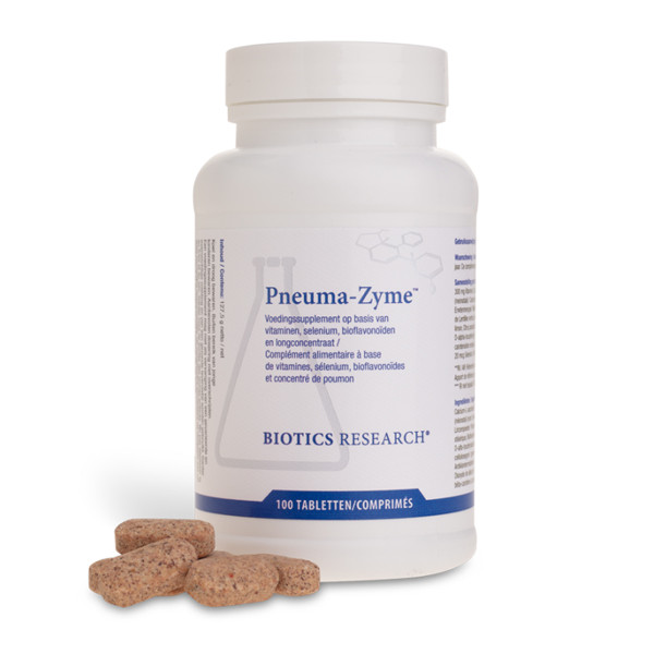 Biotics Pneuma-Zyme 100 tabletten – longconcentraat van neonataal rund met vitamine C, A, E en selenium via actiVcell en actiVbase van Biotics Research