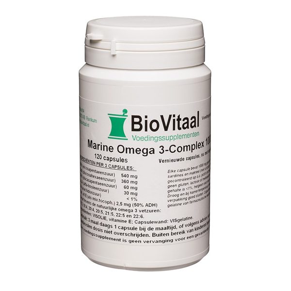 BioVitaal Marine Omega 3-Complex 120 capsules - gezuiverde visolie sardines makreel ansjovis Peru EPA 540mg DHA 360mg DPA 60mg vitamine E visgelatine