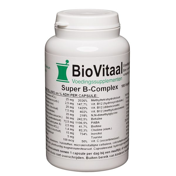 VeraSupplements Super B-Complex 100 Vegicaps - actieve B-vitamines thiaminecocarboxylase riboflavine-5-fosfaat P5P 5-MTHF methylcobalamine hydroxycobalamine dibencozide alfa-liponzuur choline inositol taurine