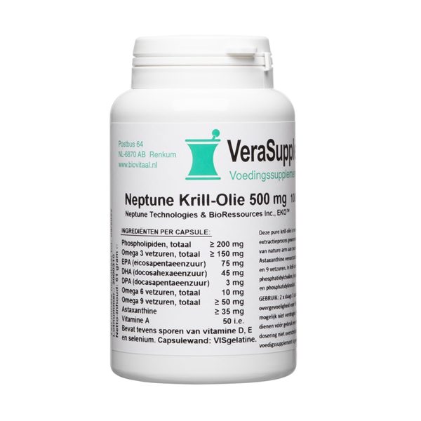 Neptune Krill-olie 500 mg 100 capsules - Euphausia superba Antarctische krill fosfolipiden 200mg EPA 75mg DHA 45mg astaxanthine 0,63mg visgelatine