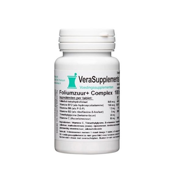 VeraSupplements Foliumzuur+ Complex 100 tabletten - 5-MTHF Metafolin 800 mcg hydroxycobalamine 100 mcg vitamine B6 P5P B2 riboflavine-5-fosfaat vitamine C betaine trimethylglycine