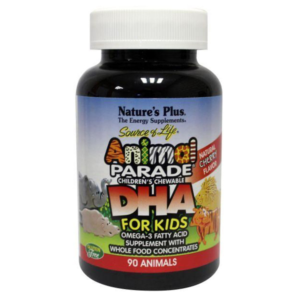 NaturesPlus Animal Parade DHA 90 kauwbare tabletten – DHA uit algen met vitamine A, D en E voor kinderen, kersensmaak