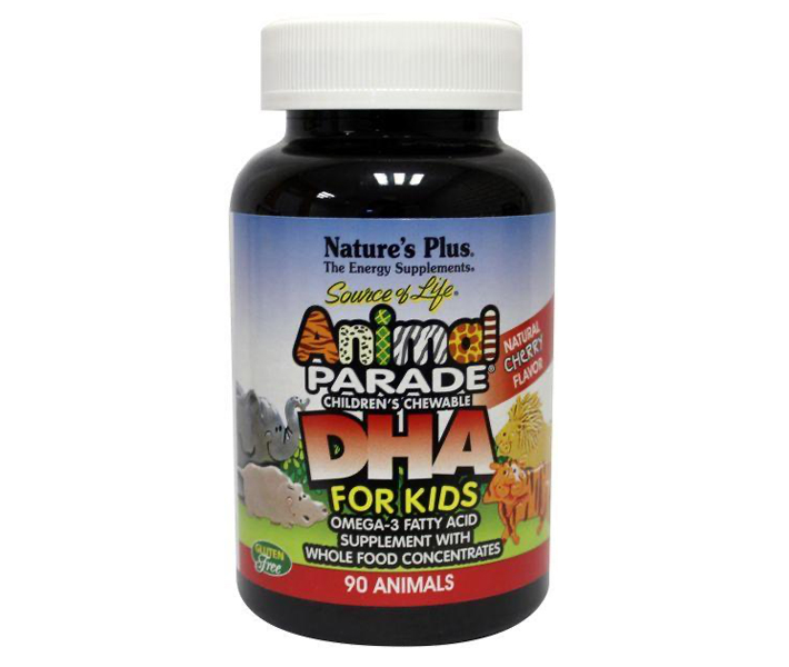 NaturesPlus Animal Parade DHA 90 kauwbare tabletten – DHA uit algen met vitamine A, D en E voor kinderen, kersensmaak