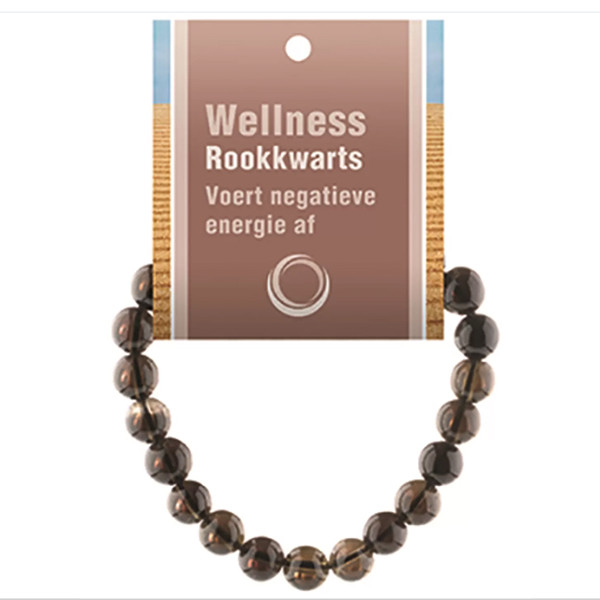 Rookkwarts powerbead armband met 8 mm kralen op elastiek inclusief displaykaartje