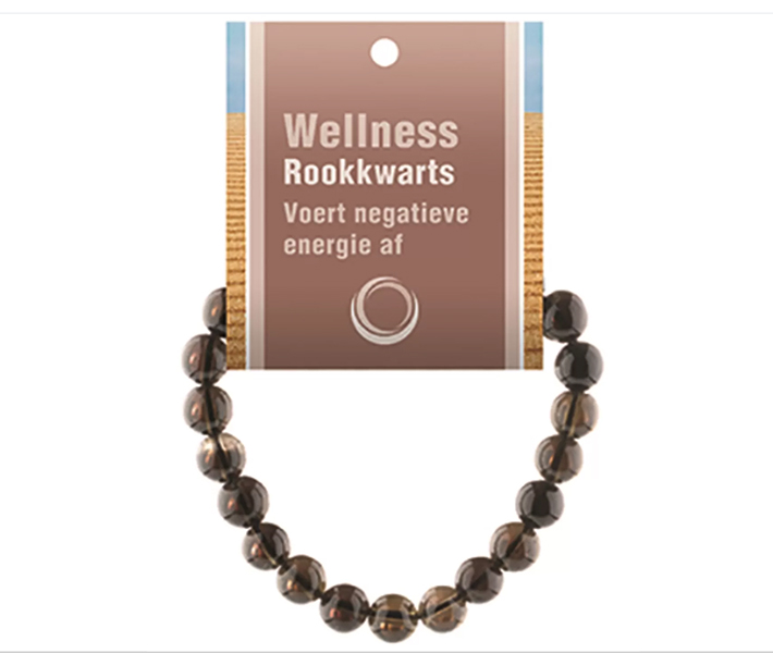 Rookkwarts powerbead armband met 8 mm kralen op elastiek inclusief displaykaartje