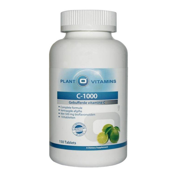 Plant O'Vitamins Vitamine C 1000 mg Calcium Ascorbaat 150 tabletten – gebufferde vitamine C bioflavonoïden acerola rutine maagvriendelijk