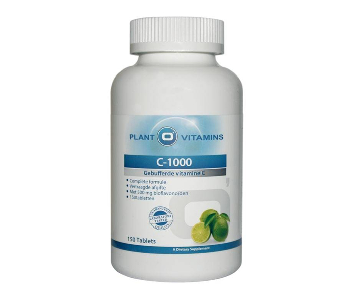 Plant O'Vitamins Vitamine C 1000 mg Calcium Ascorbaat 150 tabletten – gebufferde vitamine C bioflavonoïden acerola rutine maagvriendelijk