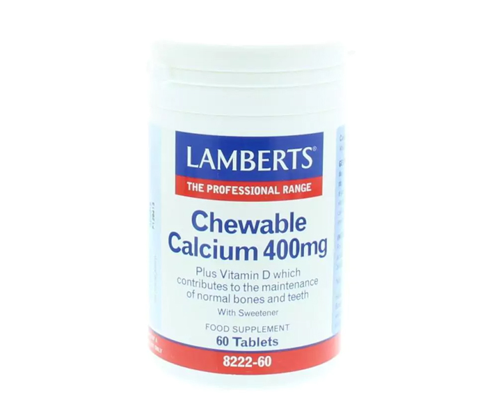 Lamberts Calcium 400 mg Kauwtabletten met Vitamine D en FOS 60 stuks – calciumcarbonaat met D3 en fructo-oligosacchariden, citroensmaak