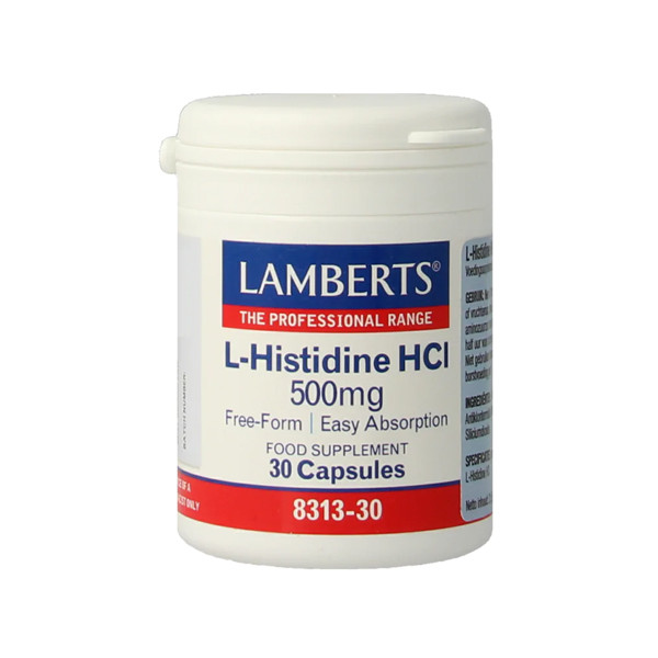 Lamberts L-Histidine 500 mg 30 capsules – enkelvoudig aminozuur L-histidine HCl in gelatinecapsule