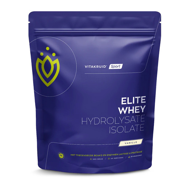 Vitakruid Elite Whey vanille 990 gram – wei-eiwit isolaat hydrolysaat 28g eiwit per scoop BCAA 7,3g lactase proteases stevia