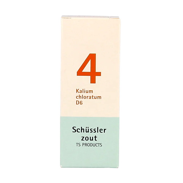 Pflüger Kalium Chloratum nr. 4 D6 – Schüssler celzout. 100 tabletten. Bevat LACTOSE. Lees de bijsluiter. EAN 8713286017212